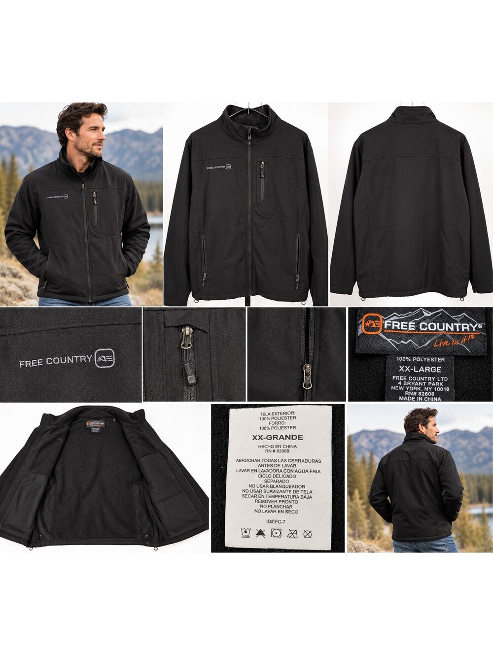 Free Country Mens XXL Black Softshell Jacket Full Zip Fleece Lined Outdoor